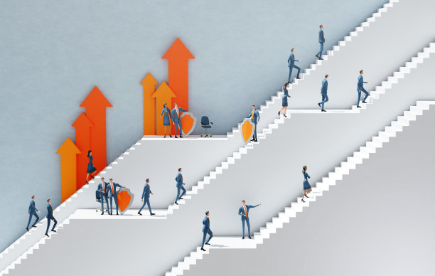 数据安全概念，商务人士手持盾牌，身处象征职业、商业、创业和专业视角的白色楼梯环境。3D渲染插图图片下载