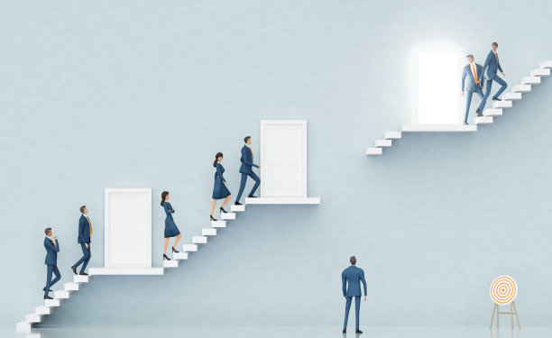 商人冒险在楼梯平台之间跳跃，抽象环境中有楼梯和开启的机会之门。3D渲染。图片下载