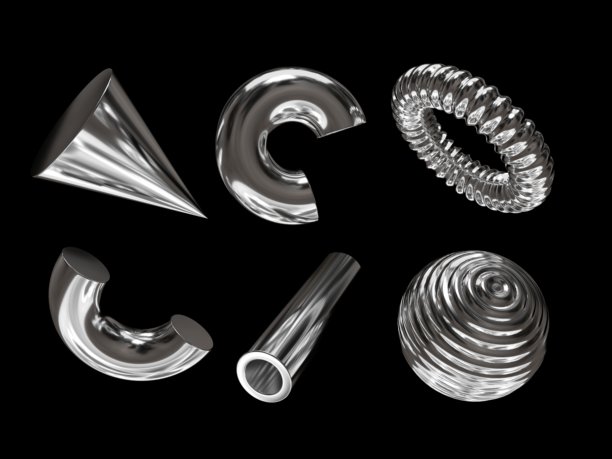 一组几何物体、图标和铬元素的3D渲染，孤立在黑色背景上。图片下载