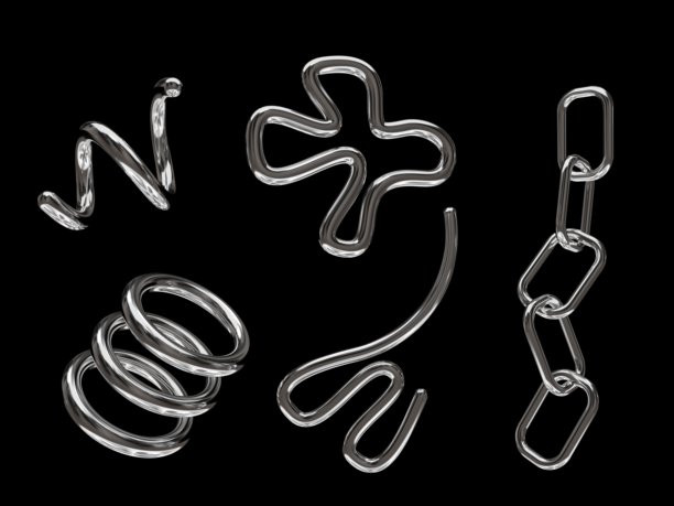 一组几何物体、图标和铬元素的3D渲染，孤立在黑色背景上。图片下载