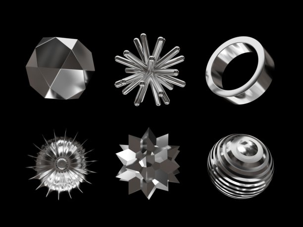 一组几何物体、图标和铬元素的3D渲染，孤立在黑色背景上。图片下载