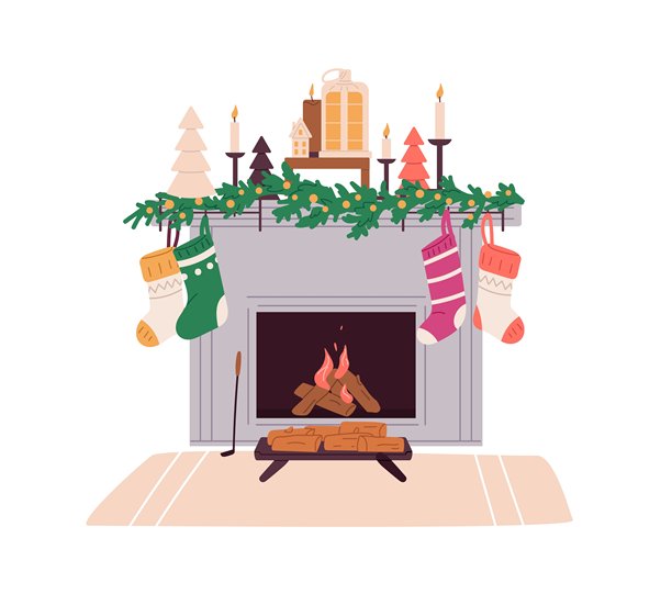 装饰有圣诞饰品的壁炉。壁炉旁挂着圣诞袜和蜡烛。冬季节日室内装饰。新年家居装饰。白色背景上的平面孤立矢量插图。图片下载