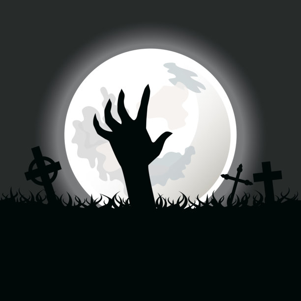 黑暗阴森的背景，带有僵尸手和闪亮的满月矢量插图图片下载