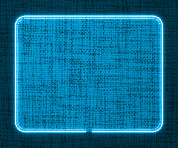 深蓝色布料背景和发光的霓虹矩形框，留有空白以放置文本或产品。图片下载