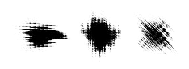 故障半色调元素集。点状纹理几何形状集合。用于横幅、海报、拼贴、叠加、标签、标记的模糊抽象漫画流行艺术形状。受损扭曲的矢量包。图片下载