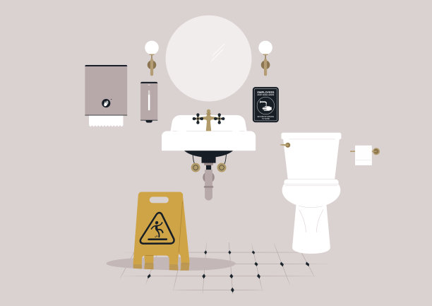 在充满活力的餐厅氛围中，角落的浴室展示了必要的设施，潮湿的地板标志强调了这一点，确保繁忙环境中的安全图片下载