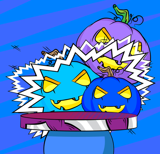 漫画书产品展示台用于万圣节南瓜的模型展示。复古漫画背景。图片下载