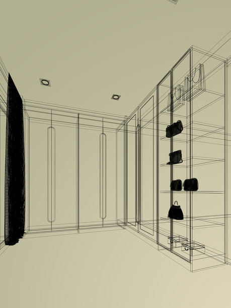 现代步入式衣橱，衣物悬挂的室内设计，3D渲染线框图图片下载
