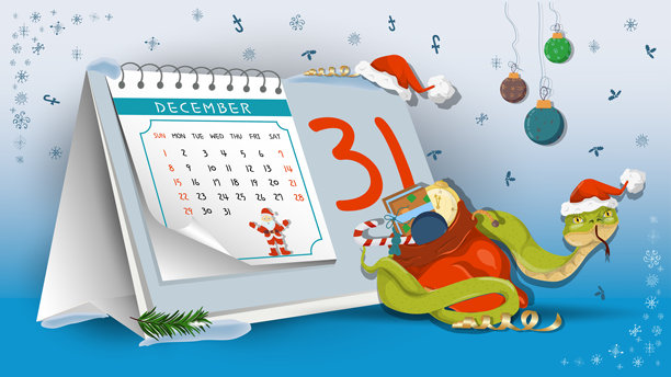 新年和圣诞节的插图，一条蛇缠绕在日历背景上的礼物袋上图片下载