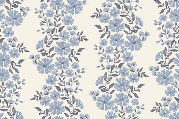 蓝色花卉图案无缝复古简约设计刺绣伊卡特水彩纹理矢量插图。图片下载