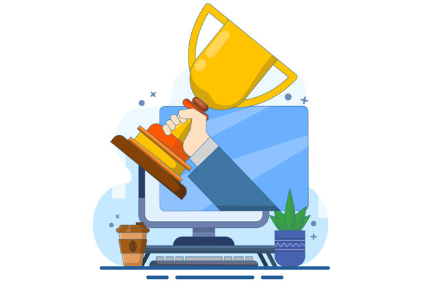 在线网页奖项概念，在笔记本电脑上赢得数字互联网网站奖，卡通风格的金奖杯，锦标赛竞赛奖品，竞赛挑战获胜者图片下载