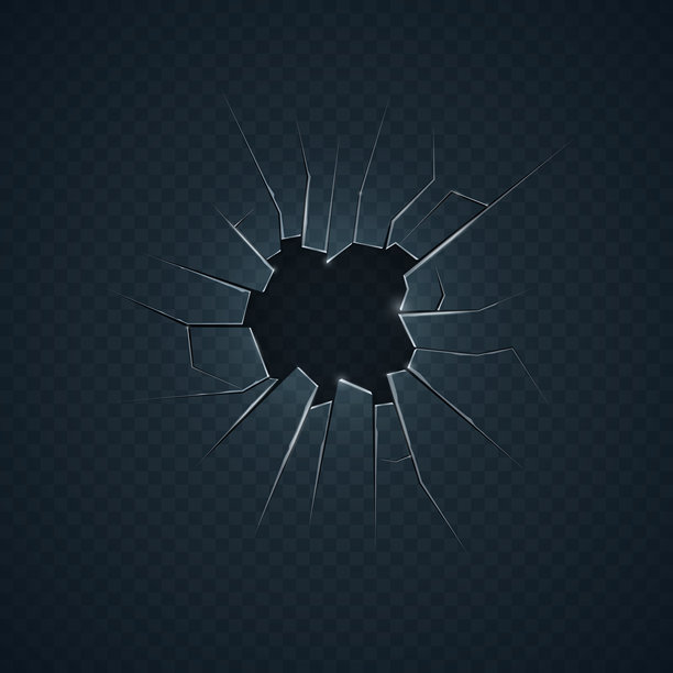碎玻璃。逼真的透明玻璃破裂孔。矢量素材。图片下载
