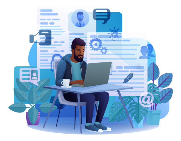 男人用笔记本电脑在线招聘求职卡通图片下载