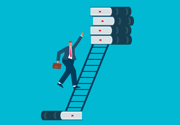 书籍的阶梯：商人攀登书籍阶梯图片下载