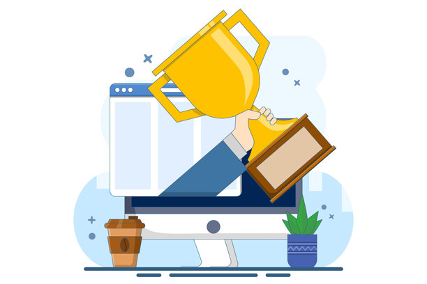 在线网络奖项概念或数字互联网网站获奖者在笔记本电脑上，平面卡通金色奖杯，冠军比赛奖品，竞赛挑战获胜者。图片下载