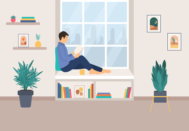 年轻男子坐在窗台上阅读书籍。现代客厅内饰有书架、相框和室内植物。图片下载