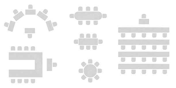 婚礼座位安排元素，会议宴会研讨会教室内部，会议厅和研讨室室内设计，宴会家具座位布置的矢量顶视图图片下载