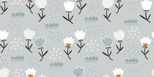 婴儿植物无缝图案。原始花卉白色郁金香几何填充。柔和可爱的斯堪的纳维亚背景。适用于纺织品、壁纸、纸张的印刷。图片下载