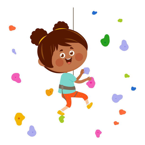 儿童在室内健身房攀岩，悬挂在绳索上。室内攀岩墙。运动训练健身房的抱石攀岩墙。背景有攀岩把手和抓握点。矢量插图。图片下载