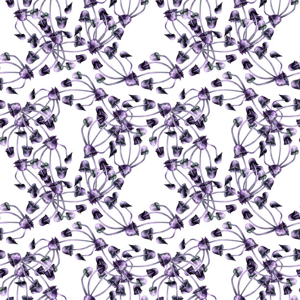 无缝图案，紫色蘑菇。白色背景上的魔法蘑菇水彩插图，采用真实风格。万圣节印刷品和童话故事的模板设计元素。图片下载