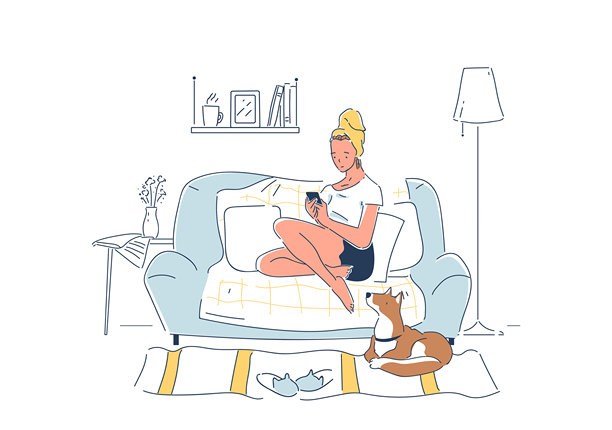 周末放松的女人。年轻女孩手握智能手机，坐在沙发上，旁边有狗。公寓里的舒适与温馨。线性矢量插图。图片下载