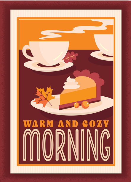 温暖舒适的感恩节早晨概念，早餐桌上有南瓜派切片和冒着热气的咖啡杯，周围是秋天的落叶。图片下载