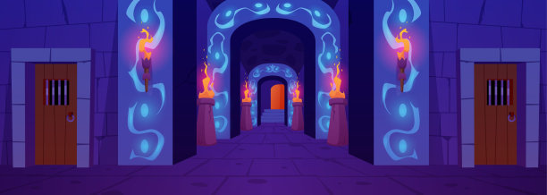 带有古老石墙的地牢矢量内饰，带有长走廊的火炬图片下载