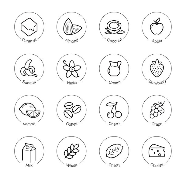 食品、饮料和运动营养的味道、香气、风味图标集。图片下载