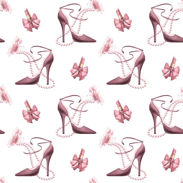 带蝴蝶结的口红和珍珠串高跟鞋。女士用品的无缝图案。手绘水彩插图。女性美容概念的物品，适用于壁纸和包装、封面模板。图片下载