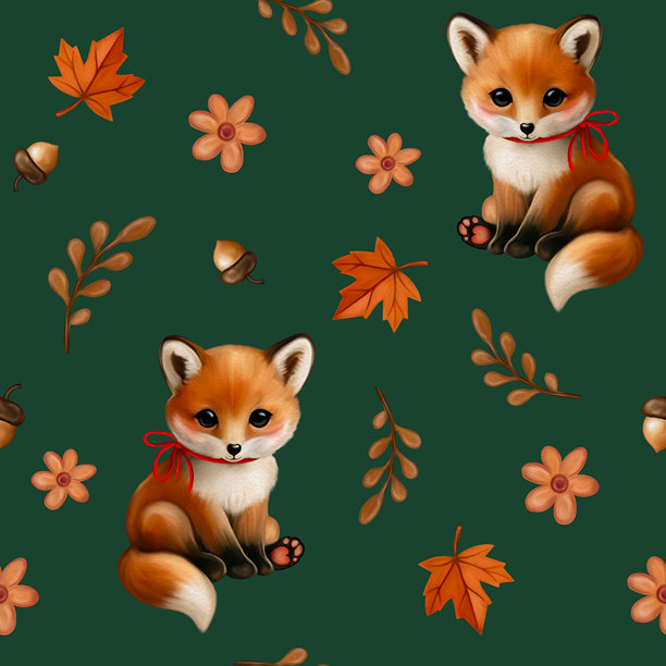 秋季和谐：手绘枫叶、秋季花卉、橡果、蘑菇和狐狸的无缝图案，温暖的自然色调。非常适合季节性设计、面料、包装和家居装饰。图片下载