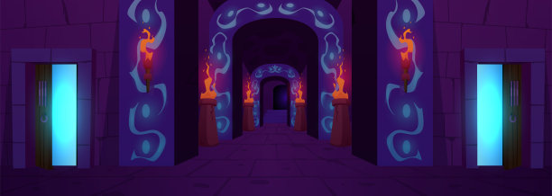 带有发光门的石头中世纪地牢走廊内部图片下载