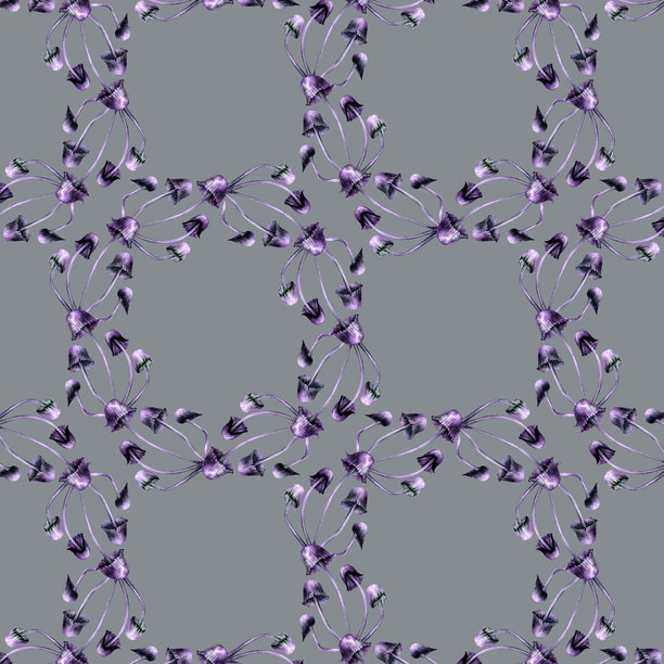 无缝图案，紫色蘑菇。灰色背景上的魔法蘑菇水彩插图，采用真实风格。万圣节印刷品和童话故事的模板设计元素。图片下载