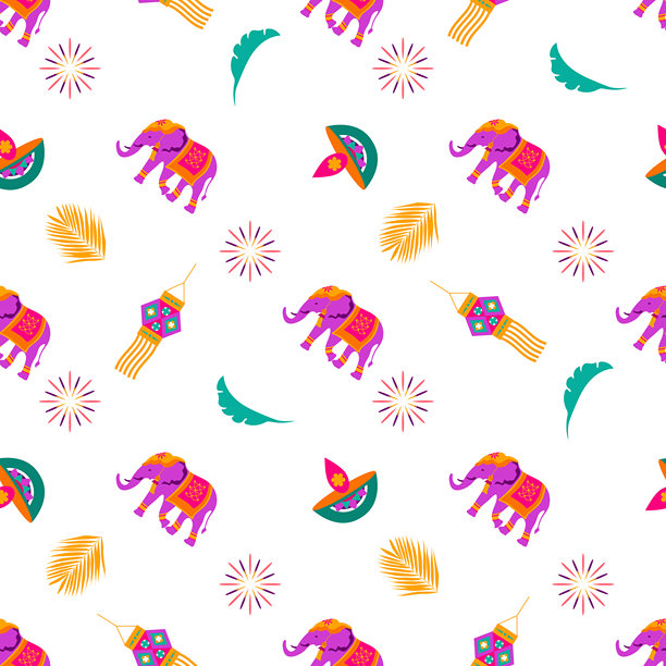 排灯节无缝图案：彩色扁平风格的白色背景排灯节灯光节概念矢量图图片下载