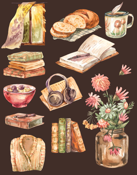 水彩田园风格温馨秋季物品，复古早晨素材图片下载