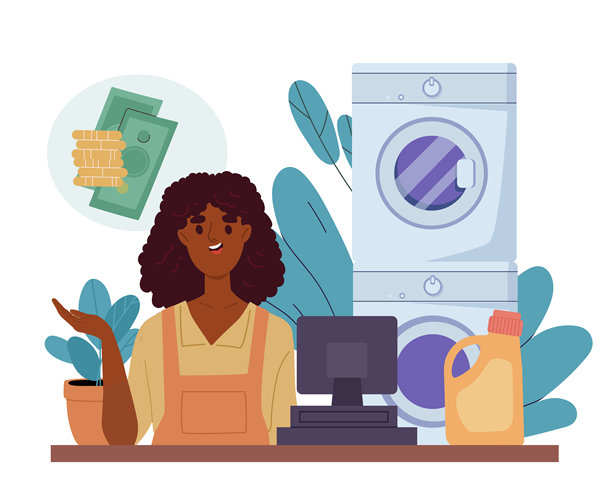 洗衣房里的女人。年轻女孩在清洁产品和洗衣机旁。洗衣店的销售员。清洁与卫生。日常生活和家务。平面矢量插图图片下载