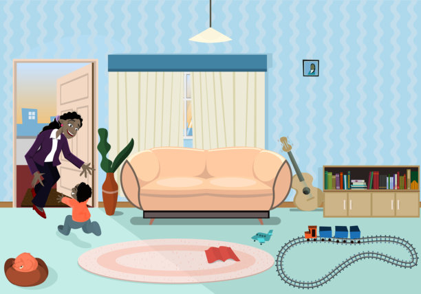 儿童跑去迎接下班回家的妈妈，地板上有玩具图片下载