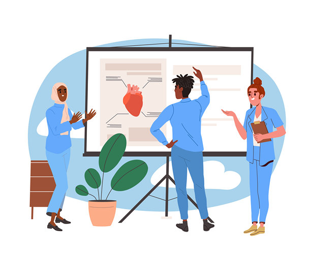 人们在学习医学。穿着医务制服的男女在心脏结构旁边。解剖教学材料和信息图表。扁平矢量插图。图片下载