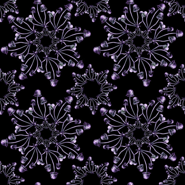 无缝图案，紫色蘑菇。黑色背景上的魔法蘑菇水彩插图，采用逼真的风格。万圣节印刷品和童话故事的模板设计元素。图片下载