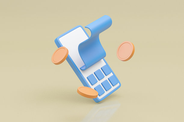 一个详细的3D渲染，展示了在线支付的便利性和安全性，包含漂浮的元素，如手机、键盘、账单和硬币。图片下载