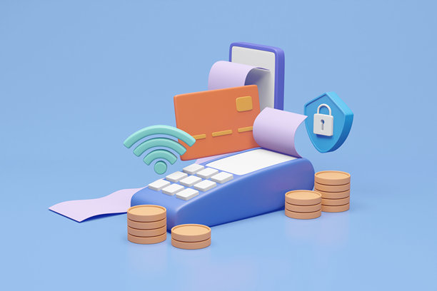3D渲染的在线支付或交易概念插图，包含刷卡机、信用卡、硬币、安全盾牌、二维码、手机、账单和WiFi信号。图片下载