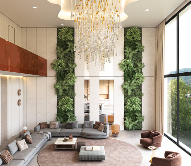 现代奢华的客厅，配有美丽的绿植和华丽的吊灯，3D渲染图图片下载
