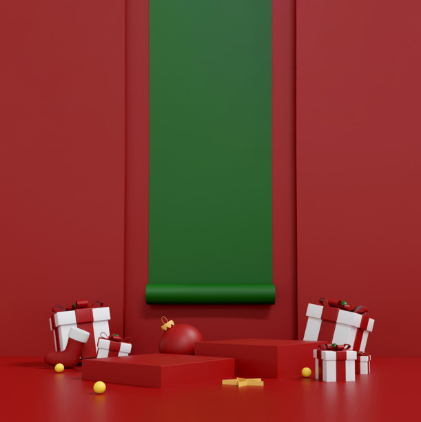 红色讲台背景上的圣诞礼品盒和金色星星，极简主义节日场景。3D插图图片下载