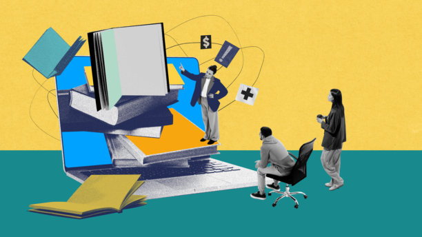 女讲师与笔记本电脑里的书籍互动，男士和女士在一旁听讲。数字演示和现代教学。当代艺术拼贴。图片下载