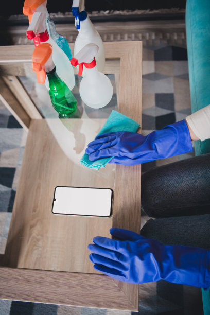 修剪过的照片，展示一位女士在室内房间进行春季大扫除，现代设备和空白空间。图片下载