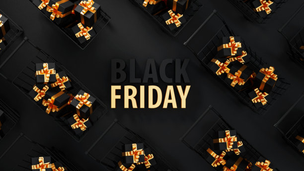 黑色星期五促销 3D 插图，购物车装满礼品盒，背景为黑色。购物优惠商业概念。促销广告背景。图片下载