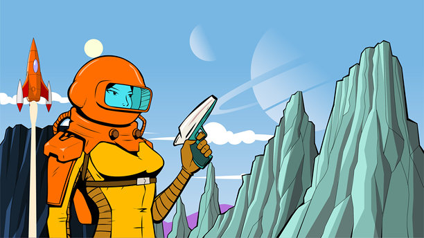 复古风格女宇航员持枪星球外太空背景矢量插画图片下载