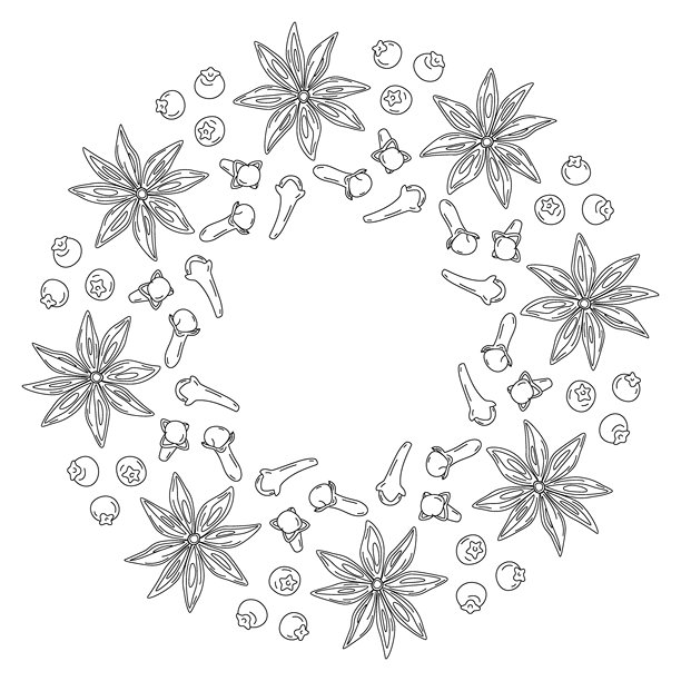 丁香、八角和野生浆果的热红酒香料套装轮廓 圆形框架边界创意 留白图片下载