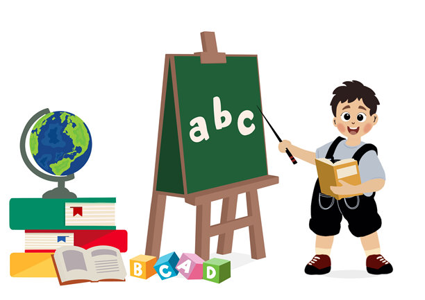 小男孩在黑板上写字学习插画矢量素材，学习知识概念图片下载
