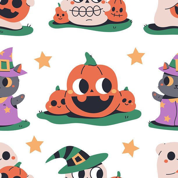 万圣节庭院装饰矢量卡通无缝图案背景。图片下载