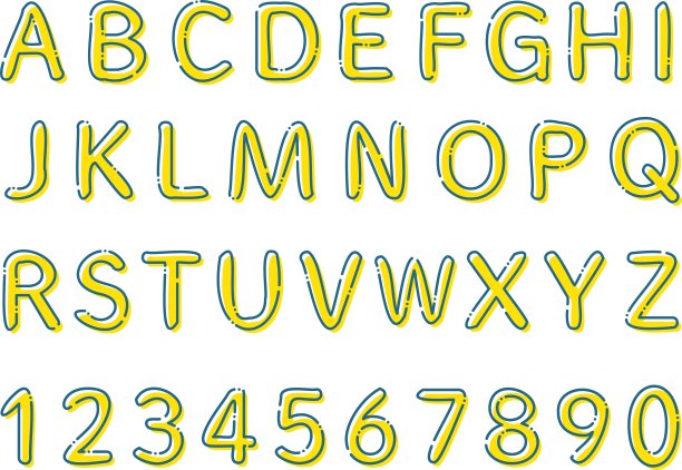 一组黄色字母和数字，配有蓝色虚线 / 插图素材（矢量插图）图片下载